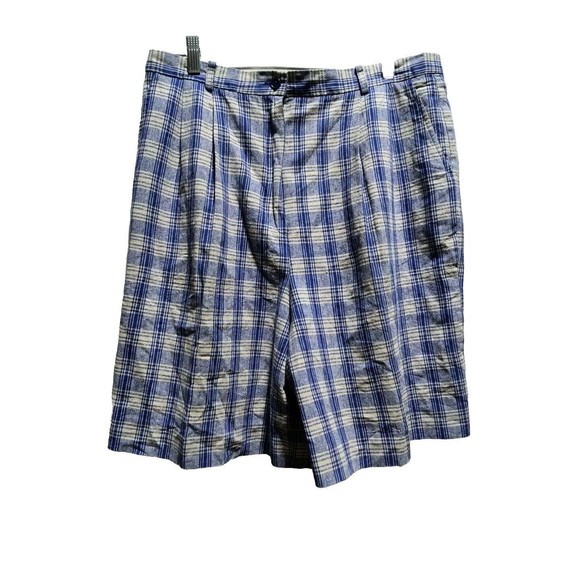 Vintage Pendleton Linen Blend Blue Plaid High Waisted Pleated Shorts Women’s 16 - Picture 1 of 7